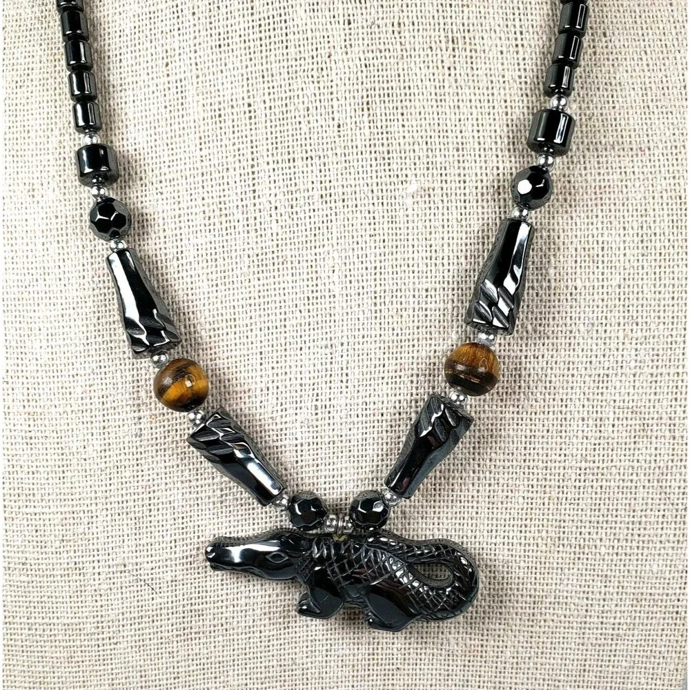 Carved Hematite & Tigers Eye Gator Pendant 17